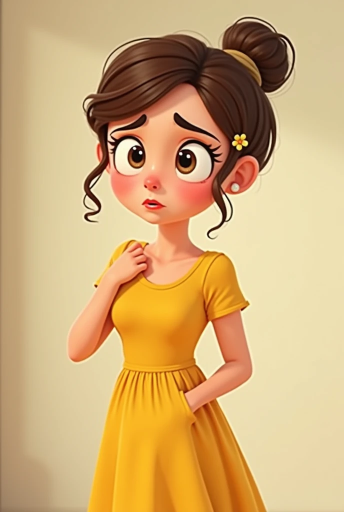 aninated picture of mabel waring with yellow dress in the new dress looking anxious