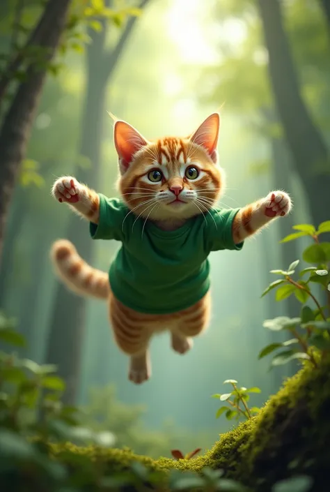 Cat flying in the forest with a green shirt