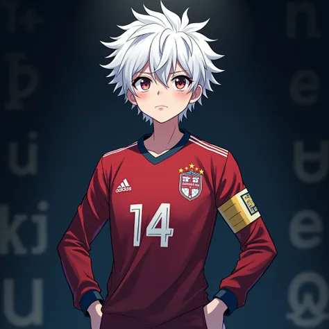 cool white haired anime boy wearing 
longsleeve football jersey, with number "14" 
in jersey with a text
 " TOBI " in his jersey, in a dark background