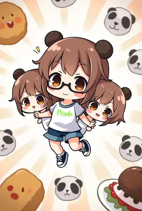 Chibi Character、three-headed body、Chubby bob short brown hair girl、Panda Food、Blue shorts、Black-rimmed glasses、sneakers、anime、Illustration