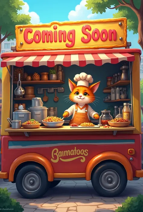 Cat cooking food in a food truck name "coming soon"