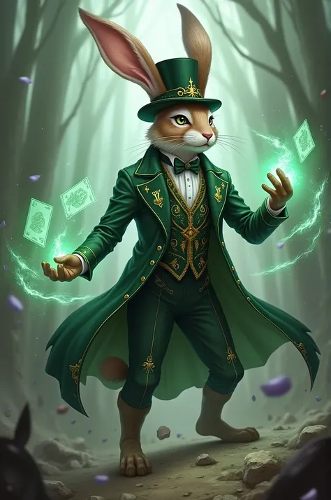 Appearance: Arcane Bunny is an anthropomorphic bunny who wears a fancy bunny outfit., adorned with a long coat and a top hat. His outfit is dark green with gold details that shine in the light.. She has long, expressive ears., and her eyes are big and brig...