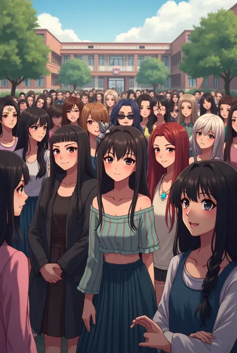 A lot of students in front of the school have a make up but the one girl on the side is just a simple girl