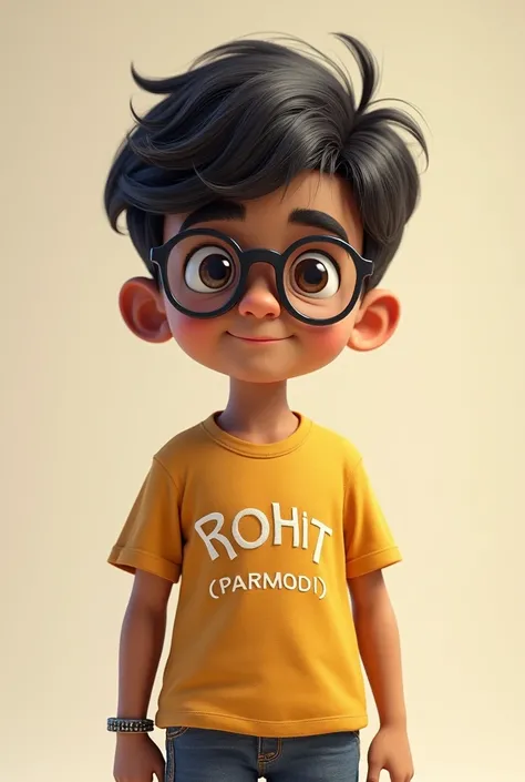 Create a boy wearing tshirt having short height dark skin colour wearing spectacles  name Rohit(parmod) written on his tshirt 

