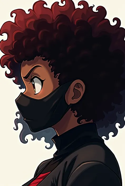 Create for me an image in the style of Boku no hero art of a black female character with shoulder-length hair in a curly black-red style with black roots, Face only image for profile , but not a thin face she is a little chubby . In the style of Boku no he...