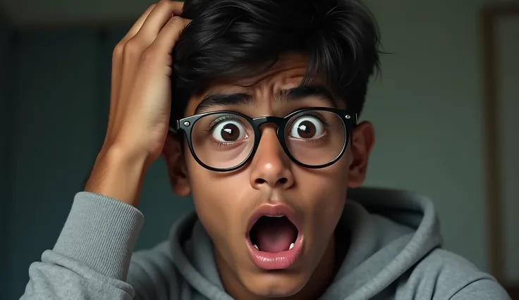 A shocked  handsome Indian boy , wearing grey hoodie  , wearing spectacle, putting his hand on his head