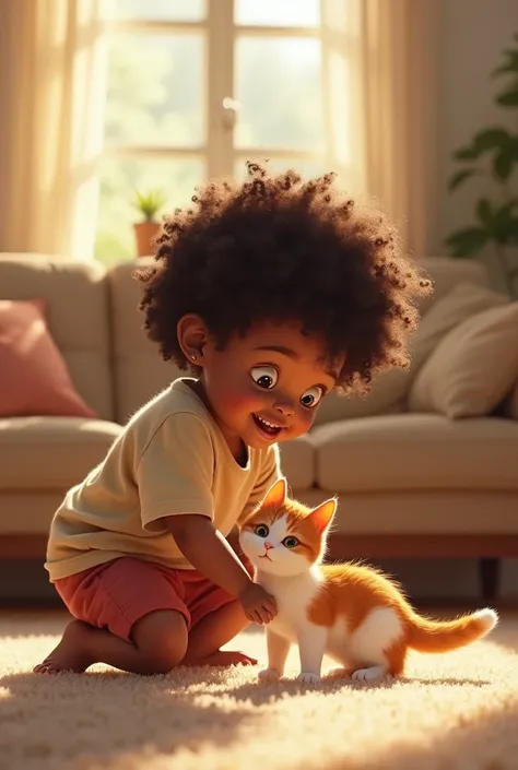 Child, brown skin color, curly hair and small brown,
Orange cat with white spots,in the living room