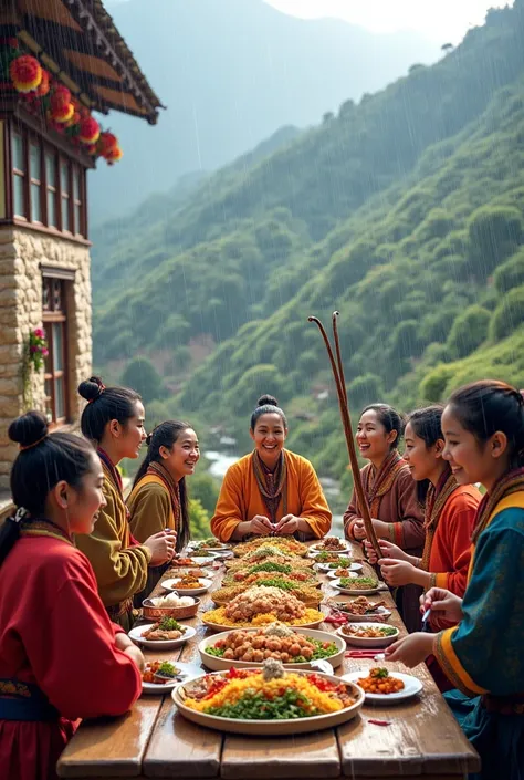 Write Happy blessed raining day. Show a picture of bhutan house and people enjoying and playing archary. Group of people with varities of food on the table.
Last write with love from Pema.