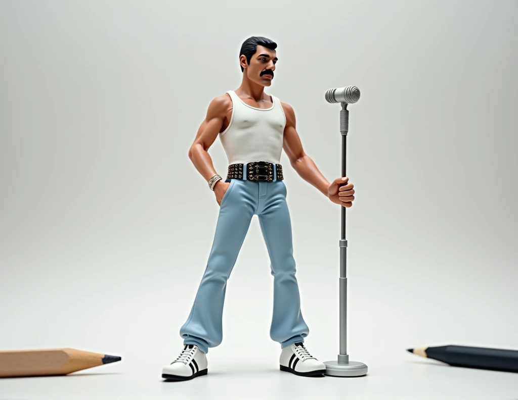  figure of Freddie mercury with short black hair and a serious expression, wearing a white tank top, light blue jeans, and white shoes with black stripes. The figure is accessorized with a black studded belt and is holding a silver microphone stand. The ba...