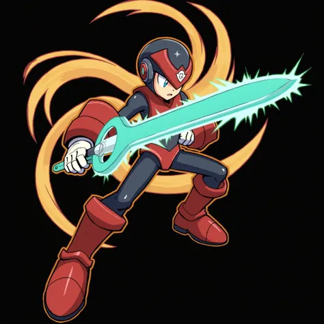 Generates an android that calls itself Mega Man, but his name is zero, has a helmet and a symbol on the front of the helmet, The helmet is red and black, wears a red vest type, wear gloves with white fingers, His arms are black and his torso too, wears red...