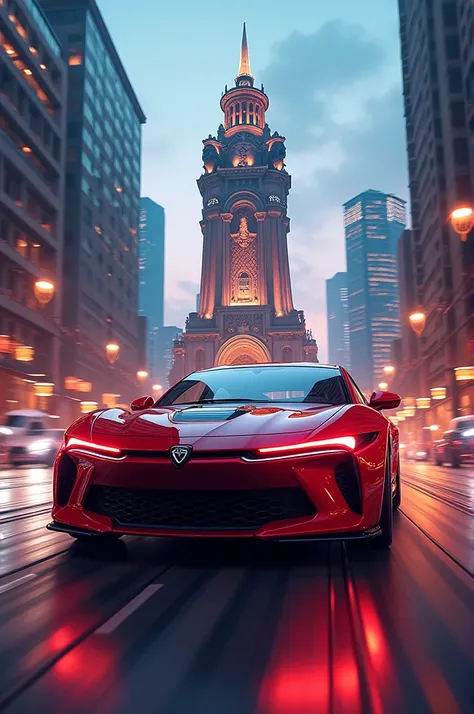 Indian Scorpio car in red colour on road with big building with lion in back in its original colour and with neon light on roads