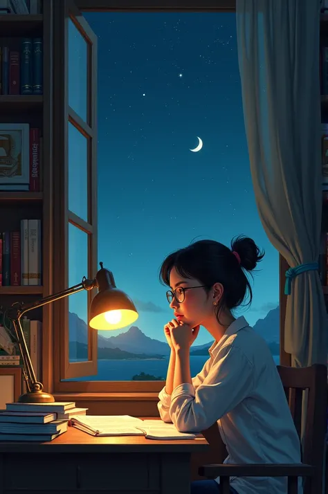 A woman wearing glasses is studying in her study room and her window is open and stars, moon and sun are visible in the sky in front.