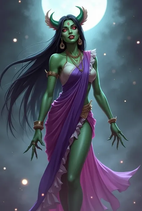  Shakchunni-inspired character: "A stylized depiction of a female mythical character with green skin, wearing a vibrant purple and pink sari, with long flowing black hair. She has pointed ears, red glowing eyes, and a confident expression, giving a playful...