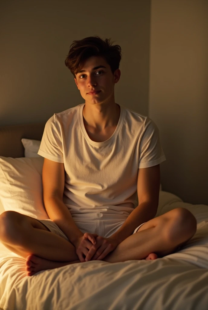  a young man sitting on a bed, glowing in the soft light. He looks to be seventeen. Hes dressed in a thin white shirt that clings to his fit body, and a very short pair of shorts that hug his hips and thighs. The boy sits on the bed and looks up at (us), h...