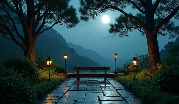 CREATE A round COZY GARDEN next to two valleys, UNDER pinus BIG TREES, long bench in the middlee, AFTER HEAVY RAIN, MIDNIGHT, WET STREET, WITH LITTLE CINEMATIC LIGHT, A COZY CLOUDY ATMOSPHERE, BESIDE TWO BIG VALLEYS, DARK BACKGROUND, SLEEPY MOOD, HIGHLY FO...