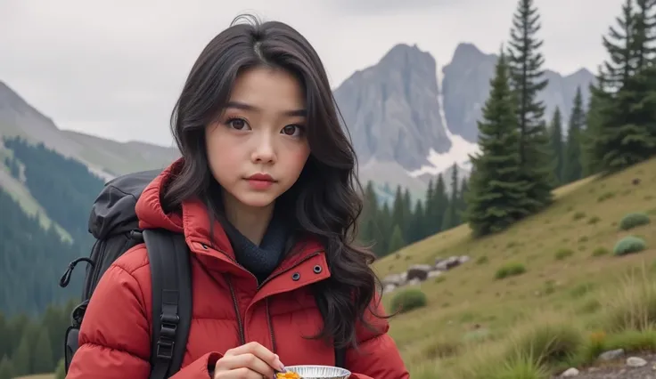    Realistic human. Photo, shot from sideway, Fika is 2 young woman with long, wavy  black hair and fair skin. She has well-defined eyebrows, large brown eyes, and a neutral expression on her face. She is wearing a plain red  winter jacket, and black hiker...