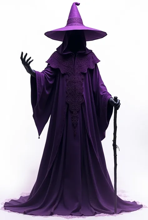 Generate a creative wizard, with the purple color palettes and black details. This wizard has to be facing forward, with a wand in hand, as it will be used in a technical support banner, then the background needs to be white. 