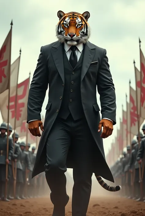 A tiger in black suit standing with five armies on a big mission