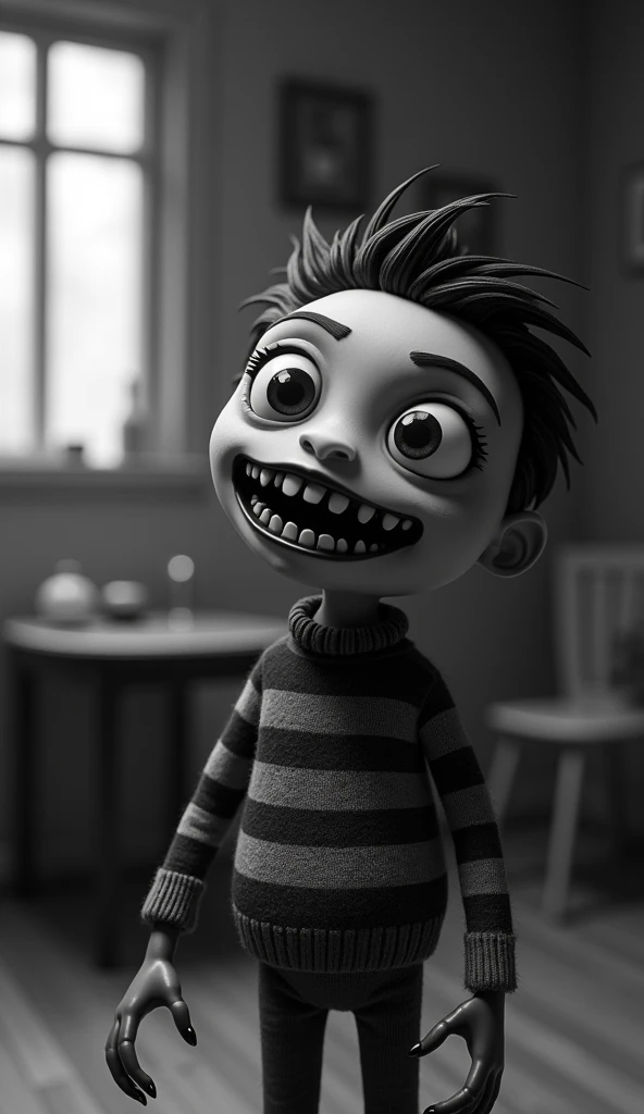 Create a stylized, black-and-white stop-motion animated character with exaggerated, eerie features. The character should have large, wide eyes with dark pupils, a toothy grin with prominent front teeth, pale skin, and dark slicked-down hair. The character ...