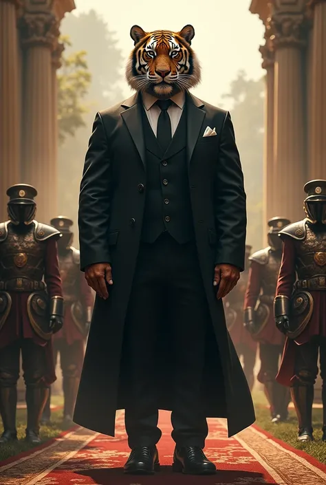 A tiger in black suit standing with five armies on a big Mansion