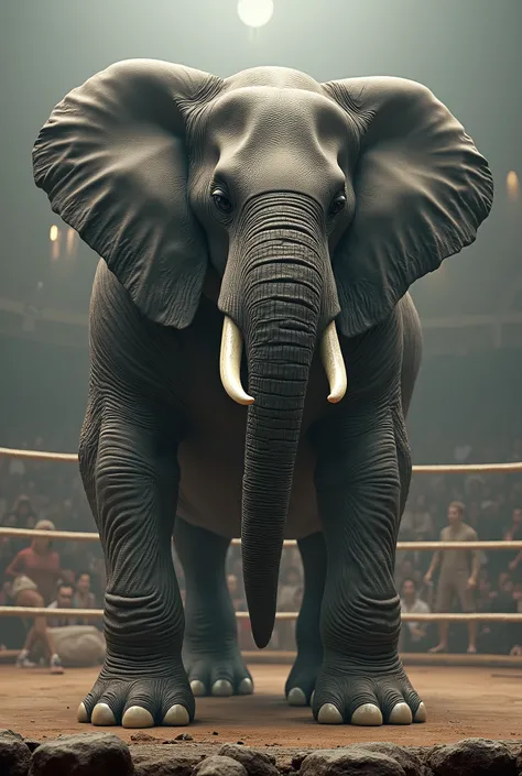 A huge elephant with muscles like a soldier stands in a wrestling ring. 