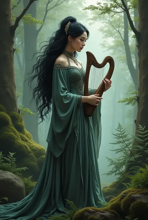 white nordic princess with black hair holding a small harp in a forest