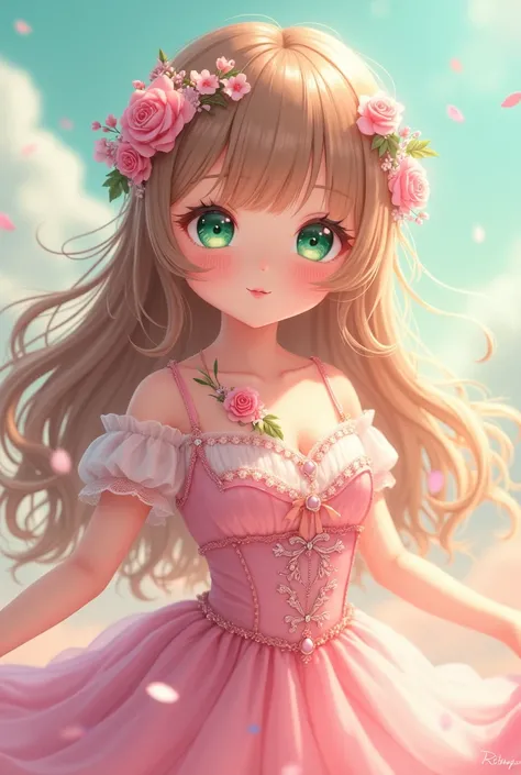 A anime oc that’s a girl with long pink bangs in the front and the rest are long wavy light brown hair,big light green eyes,button nose, pretty lips, 5’4 and skinny and wearing a pretty dress