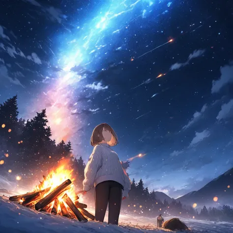 Girl having a bonfire,Stargazing,The girl is wearing a jumper,Very cold,winter,White breath comes out,Brown Hair,Short Bob,Smoke rises into the sky,Pointing at the sky,Rainbow Sky,night,Meteor Shower,masterpiece,Best Quality,Exquisite,8k,Absurd,Ultra-detai...