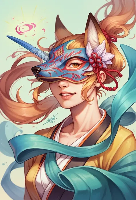 Splash Art, Beautiful traditional Japanese mask with ribbon「Fox」Portrait of, , magic, Realistic, By DKCW  