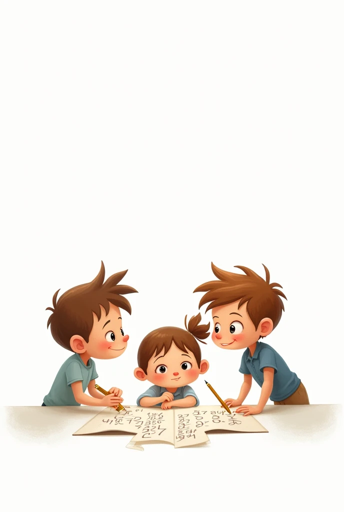 two boy and one girl calculating on table. background is fully white.funny