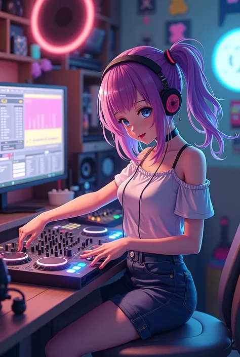 Create an image of a  anime dj girl studio at home