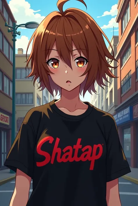 Pretty Anime brown hair wearing black shirt that says SHATAP in color red street background