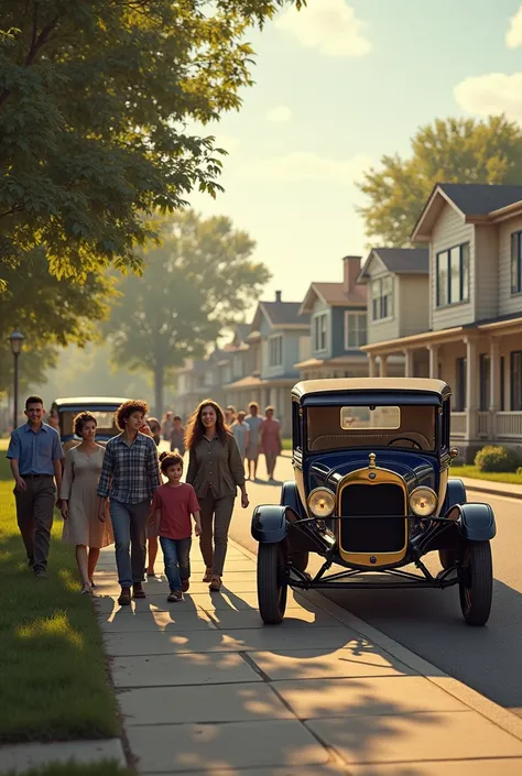 Ordinary American families excitedly receiving their new Ford cars in front of small suburban homes in the 1910s.