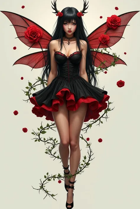 An adult fairy, with long straight black hair, black eyes with translucent wings with red roses sprouting from the wings, short strapless dress, black red with a rose-shaped flared skirt on thick thighs, turned legs,branches of thin green thorns on the ank...