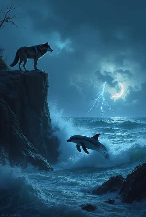 A sleek dolphin leaping through ocean waves under a starlit night sky, while nearby, on the shore, a lone wolf stands on a rocky cliff, illuminated by flashes of distant lightning against rolling thunderclouds. The scene captures the wild beauty of both la...