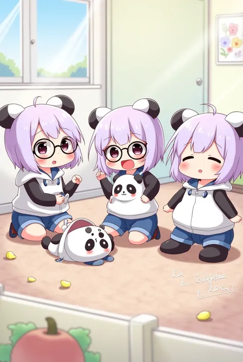 Little characters, triplets, chubby girls, bob short girls with lavender hair, one person, panda doll-like hood, blue shorts, black-rimmed glasses, sneakers and a girl with a loose cute panda stuffed animal; anime and illustrations