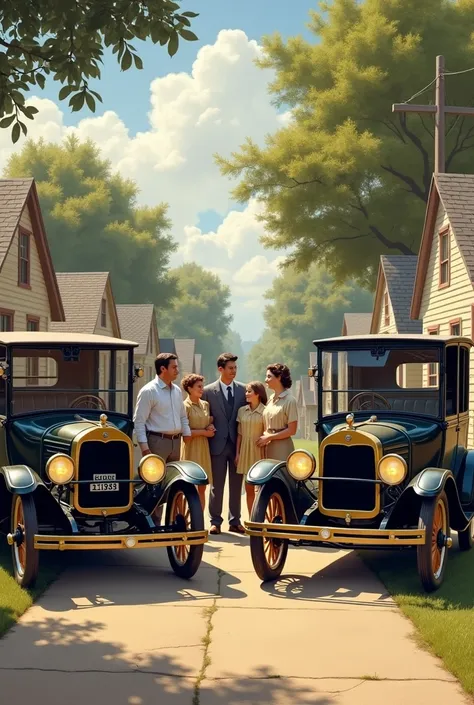 image from 1910s, a Ordinary American families excitedly receiving their new Ford cars in front of small suburban homes in the 1910s.