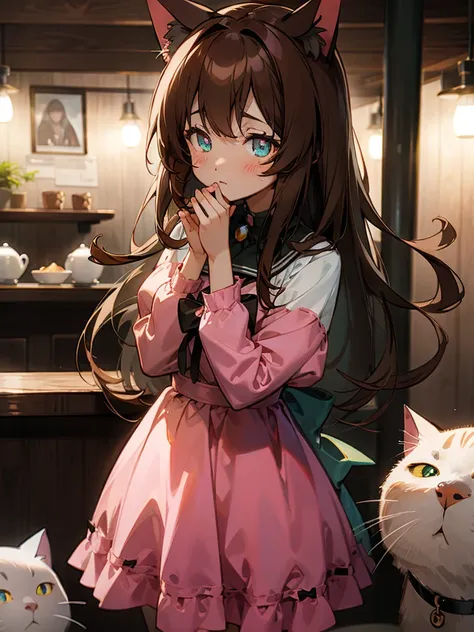 an anime cat girl bats a ball of yarn in a cozy cat cafe with sparkling eyes, brown hair, long hair, cat ears, bows in hair, pin...