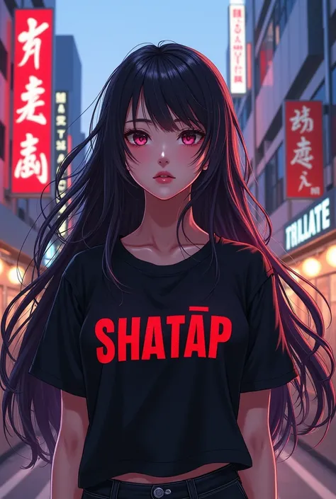 Pretty Anime long hair wearing black shirt that says SHATAP in color red street background