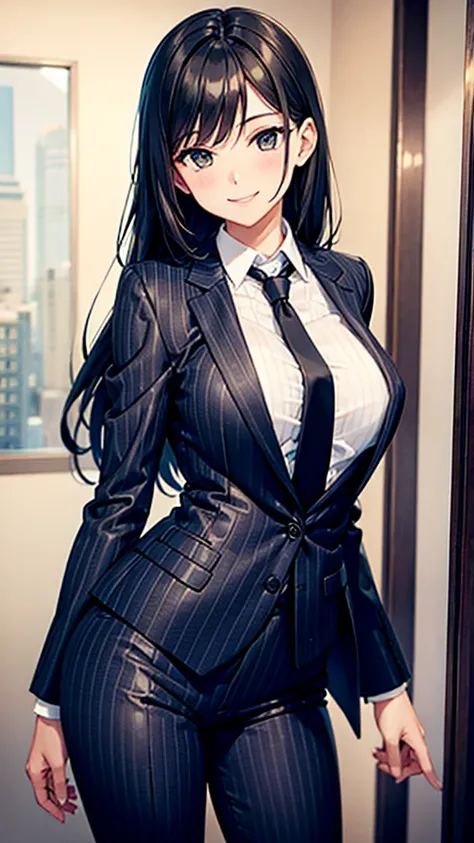 Sexy woman in black finest striped suit　tie　smile