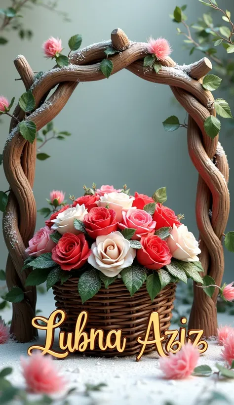 
"Generate an image of a mesmerising, captivating 3d render of an image of a wooden frame made of tree branches with a basket of wicker full of red and white roses, add some white snow spray and green leaves to the name and to the wooden frame.Add a name "...