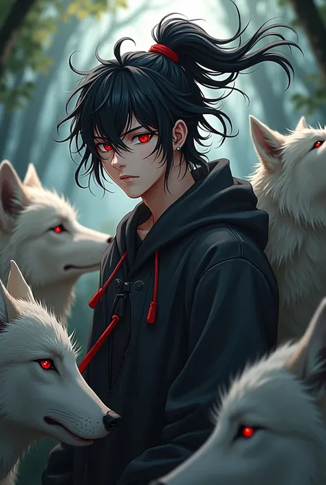 anime. 1 the young man, wolves, the young man:bang, Black hair, very long hair, Hair in front of the ears, Neat bangs, high ponytail, Messy hairstyle,  Red Eyes, Hair ribbon red, anime, the whole body is visible 