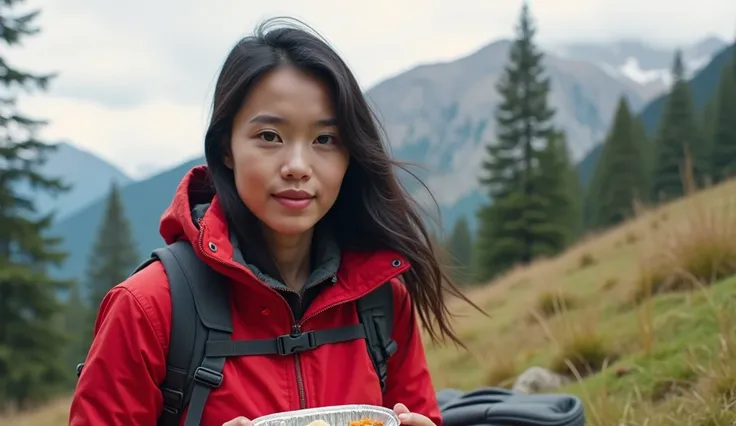    Realistic human. Photo, shot from sideway, Fika is young woman with long, wavy  black hair and fair skin. She has well-defined eyebrows, large brown eyes, and a neutral expression on her face. She is wearing a plain red  winter jacket, and black hiker p...