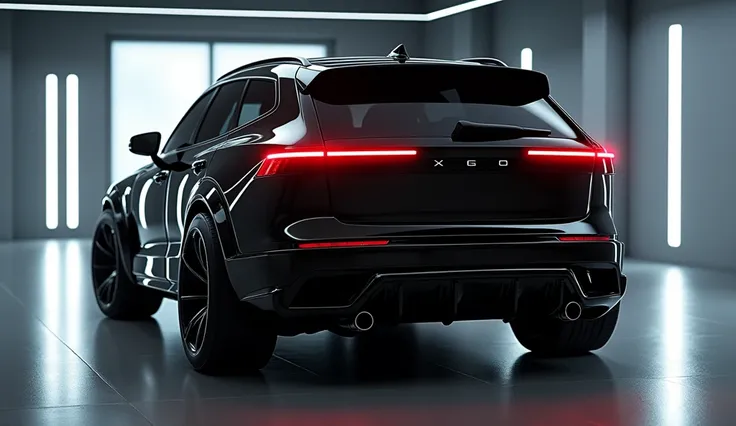 "Close-up of a black Volvo XC60 parked in a garage, CR3, equipped with four thrusters at the back, Volvo XC60, rear lighting, rear view, medium shot taken from behind, vehicle design trends, glossy black, with a sleek spoiler, close-up shot taken from behi...