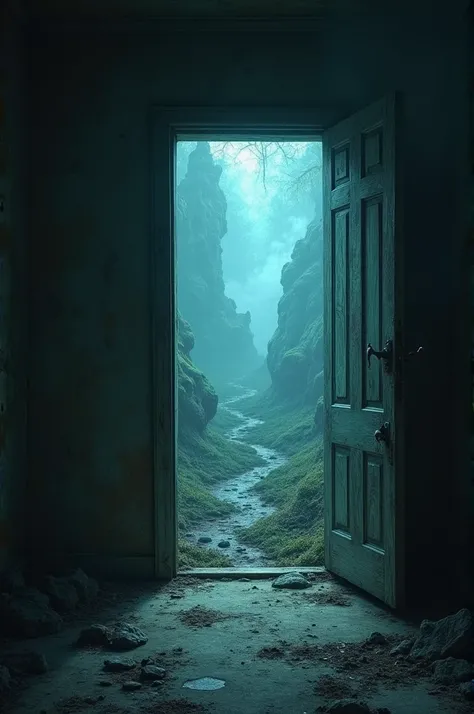 An old and scary room, the door opening automatically, a glimpse of the magical world behind the door, strange creatures and magical scenes.