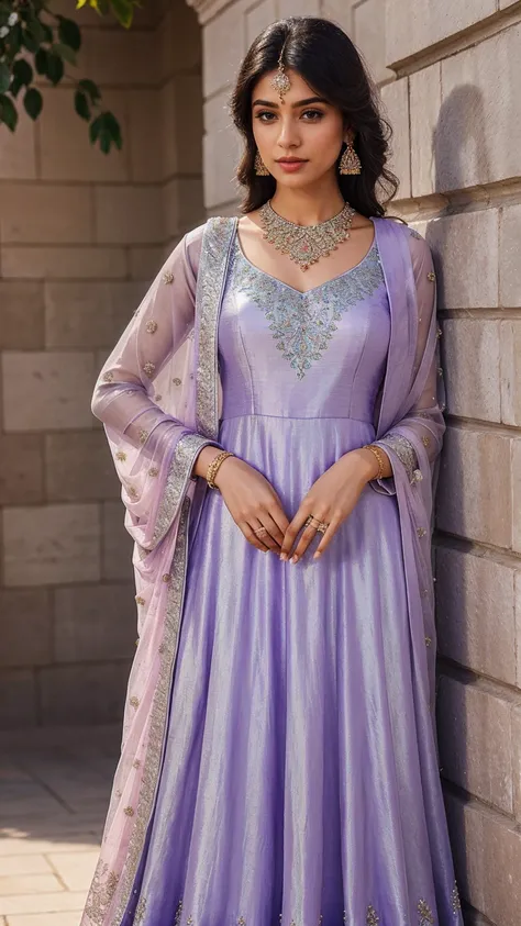 a pastel lavender anarkali suit with a floor-length, flowy georgette fabric, featuring silver threadwork and sequins scattered a...