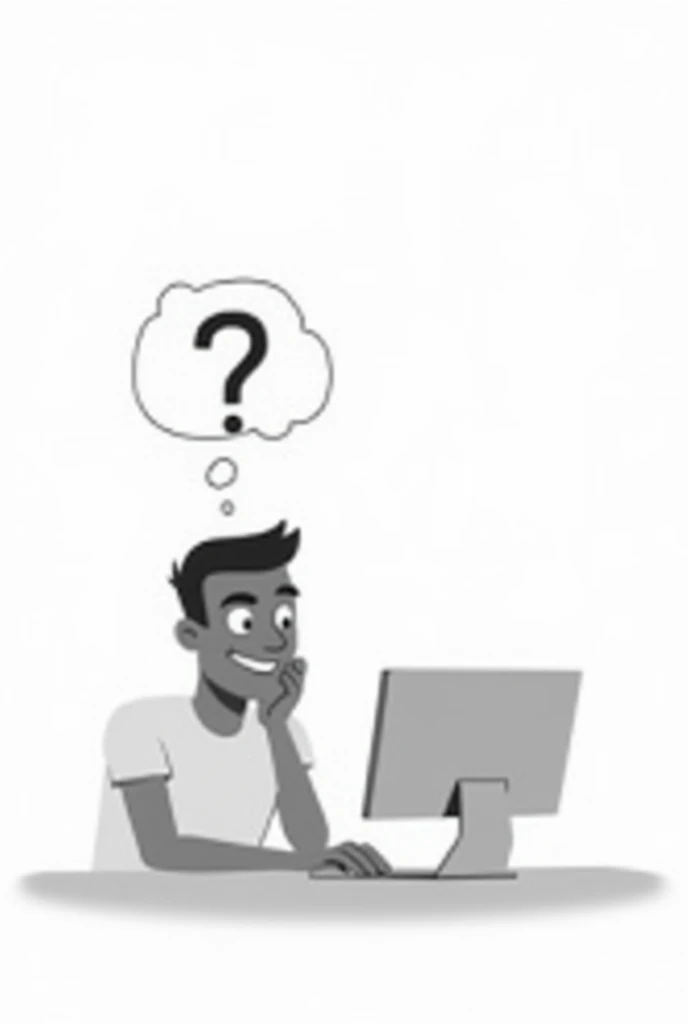 A man in a simple cartoon sitting in front of a computer thinking about how to make money with digital marketing showing the new profession he wants to achieve on a white background