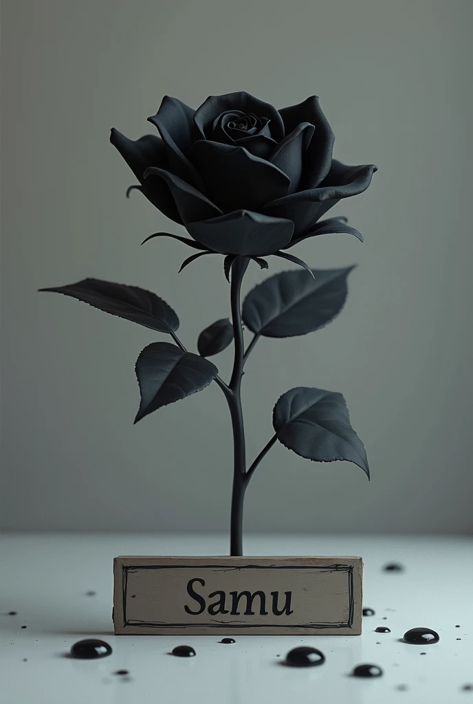 Kept black rose on table and water drop and name plate is samu
