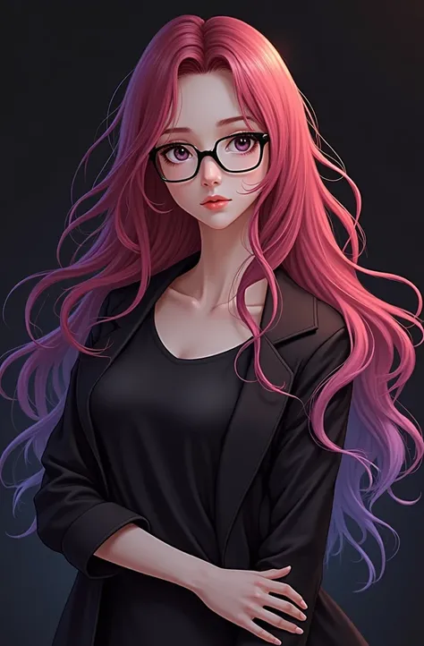 A girl wearing long red and purple wavy hairs wearing black shirt and black jacket she is wearing spectacles 