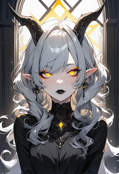 1girl, solo, medium hair, breasts, looking at viewer, bangs, silver hair, jewelry, yellow eyes, upper body, curly hair,Black dresses, earrings, horns, pointy ears, makeup, shiny, halo, lipstick, glowing eyes, black lips, indoors,